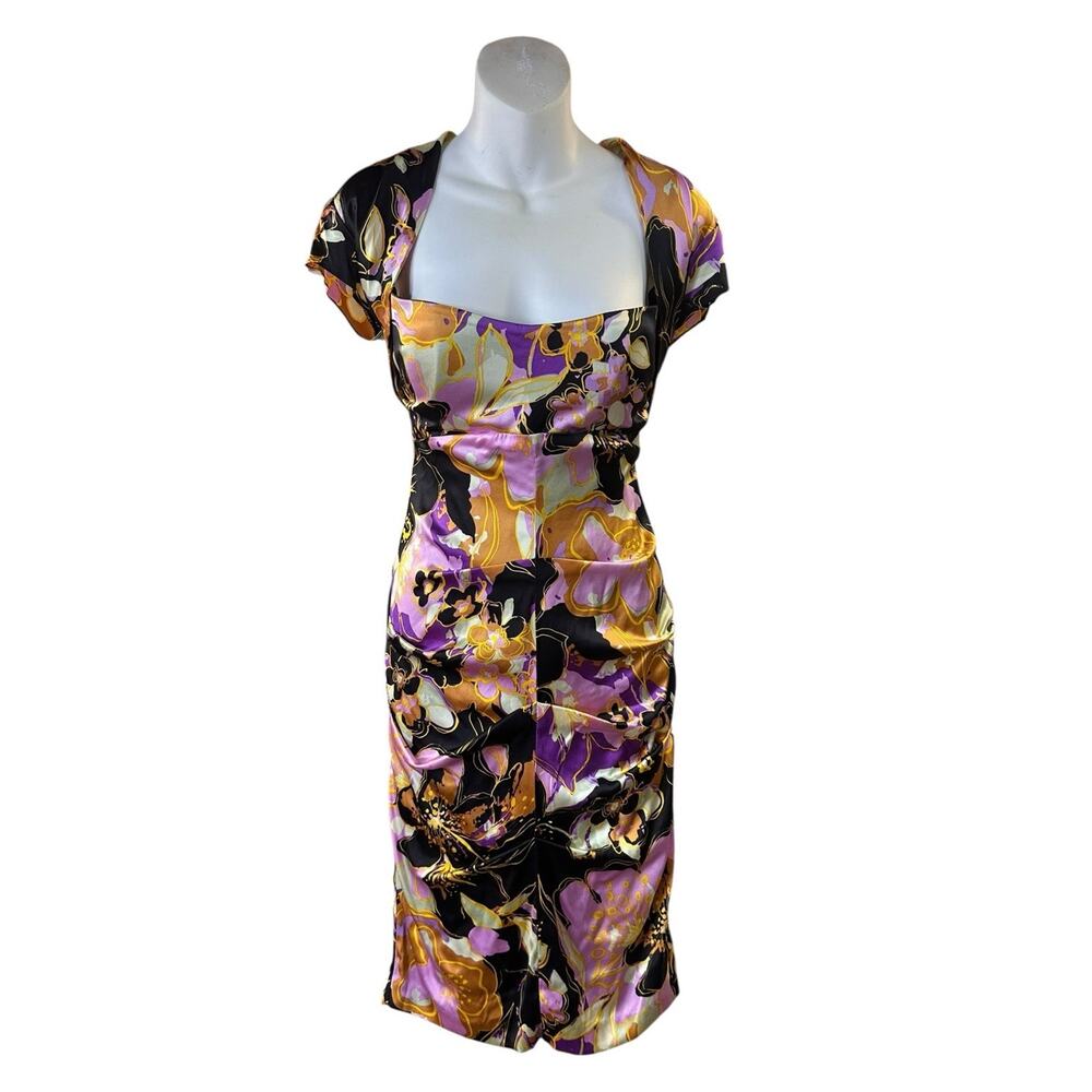 Vintage Cache Bodycon Ruched Silk Floral Dress Back Cut Out Size 12 Multicolor